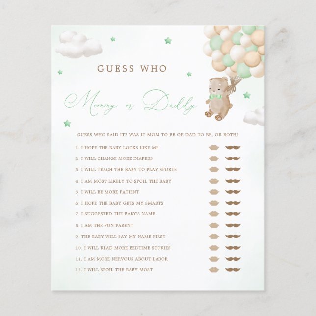 Teddy Bear Green Mommy or Daddy Baby Shower Game (Front)