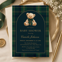 Teddy Bear Green Plaid Baby Shower Invitation