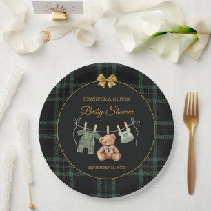 Teddy Bear Green Plaid Baby Shower Paper Plates