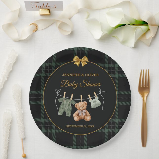 Teddy Bear Green Plaid Baby Shower Paper Plates (Wedding)