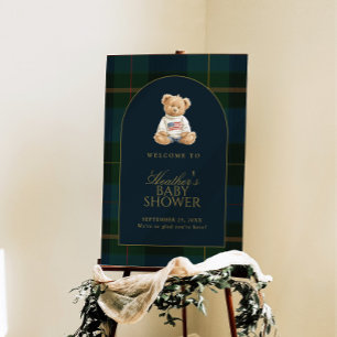 Teddy Bear Green Plaid Baby Shower Welcome Sign