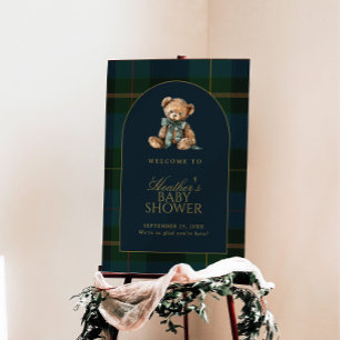 Teddy Bear Green Plaid Baby Shower Welcome Sign