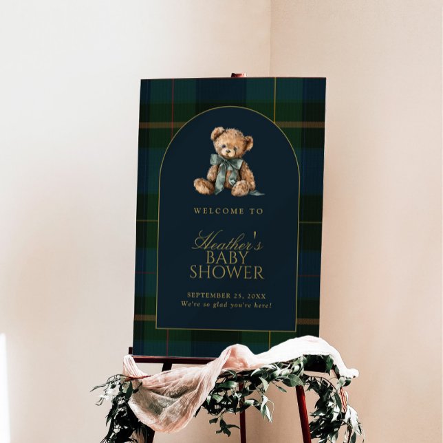 Teddy Bear Green Plaid Baby Shower Welcome Sign (Creator Uploaded)