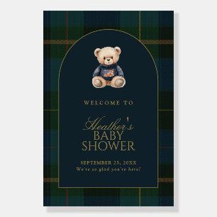 Teddy Bear Green Plaid Baby Shower Welcome Sign