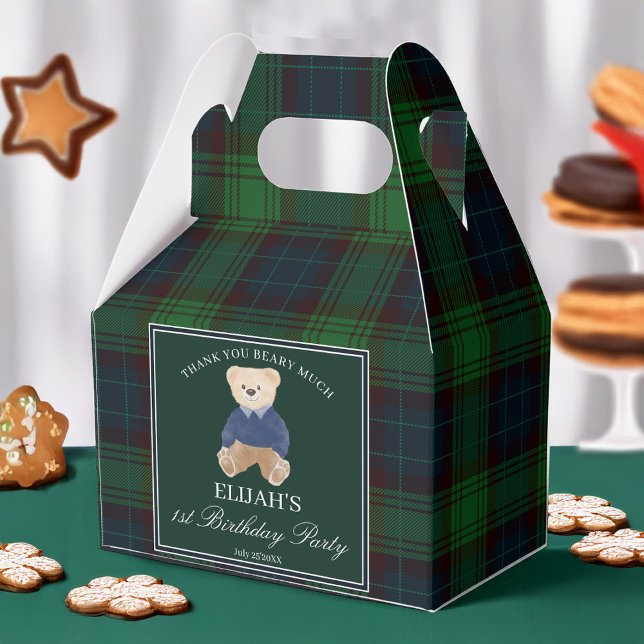 Teddy bear green plaid birthday party favor custom boxes (Polo Teddy bear birthday party favors green plaid personalized favor boxes)