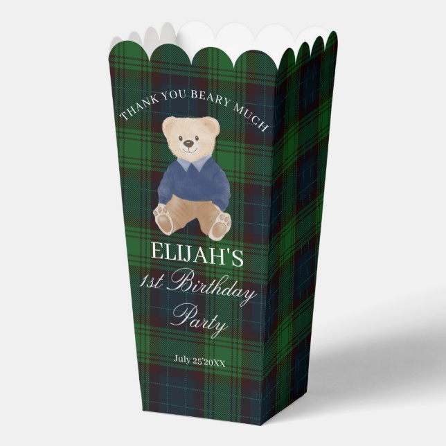 Teddy bear green plaid birthday party favor custom boxes (Front)