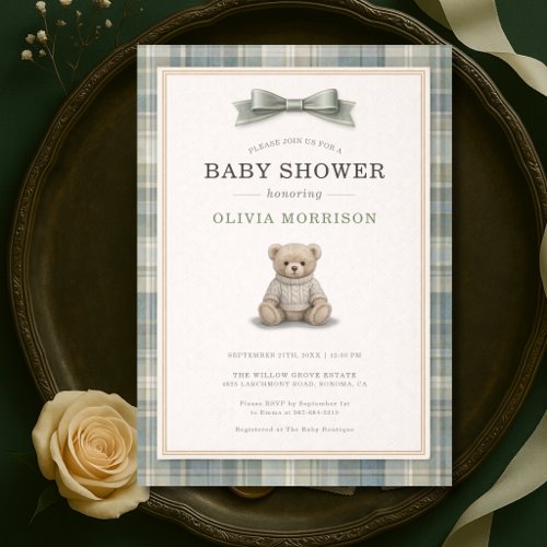 Teddy Bear Green Plaid Bow Baby Shower Invitation