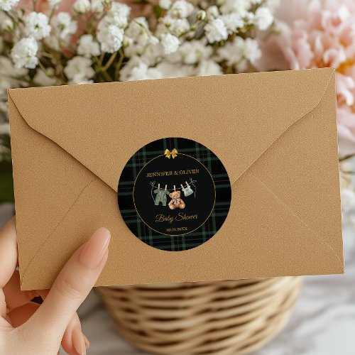 Teddy Bear Green Plaid Thank You Favor Classic Round Sticker