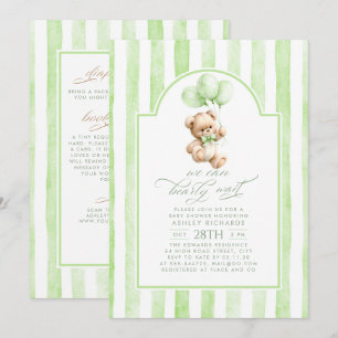 Teddy Bear Green Stripes Baby Shower All In One Invitation