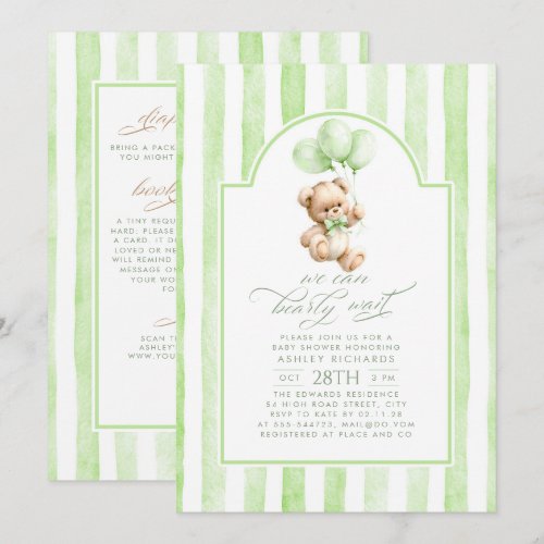 Teddy Bear Green Stripes Baby Shower All In One Invitation