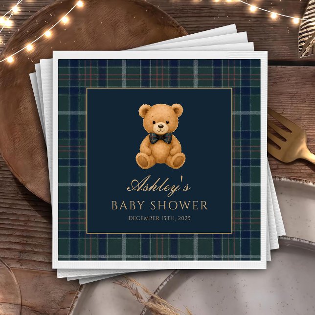 Teddy Bear Green Tartan Baby Shower Paper Napkin (Creator Uploaded)
