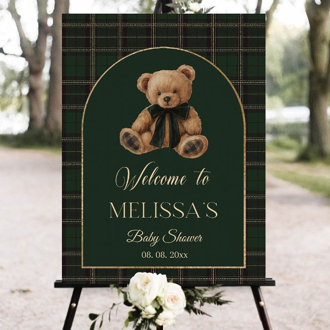 Teddy Bear Green Tartan Baby Shower Welcome sign  (polo teddy bear, classic baby shower, vintage baby shower, welcome sign, teddy bear decor, ralph lau)
