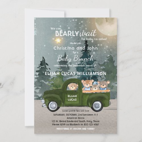 Teddy Bear Green Truck Moon and Forest Baby Shower Invitation