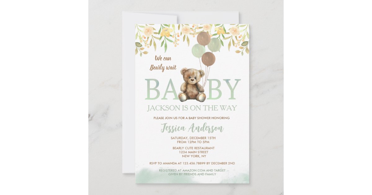 Gender Neutral Teddy Bear Baby Shower Invitations, Green Balloon