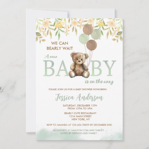 Teddy Bear Green Unisex baby shower invitations