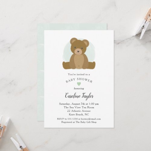 Teddy Bear Green Watercolor Baby Boy Shower Invitation