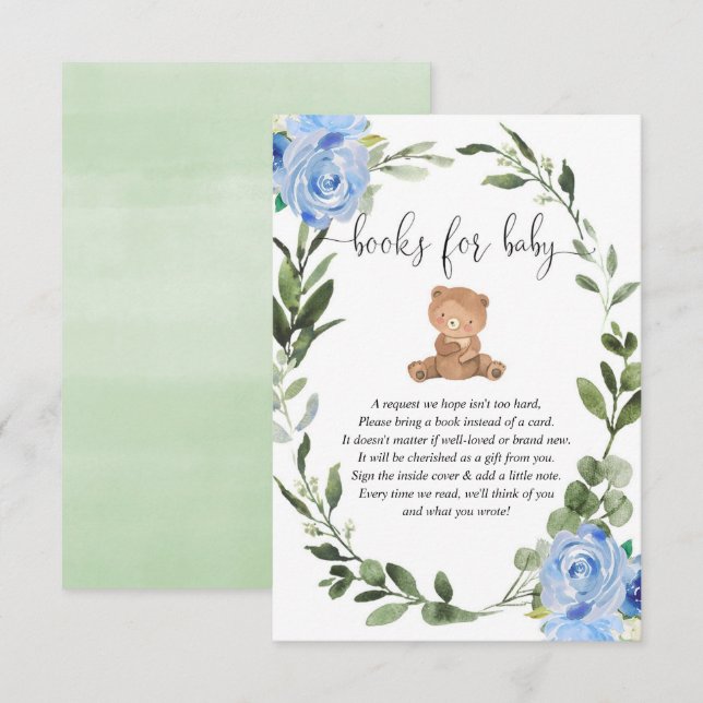Teddy bear greenery blue floral books for baby boy enclosure card (Front/Back)