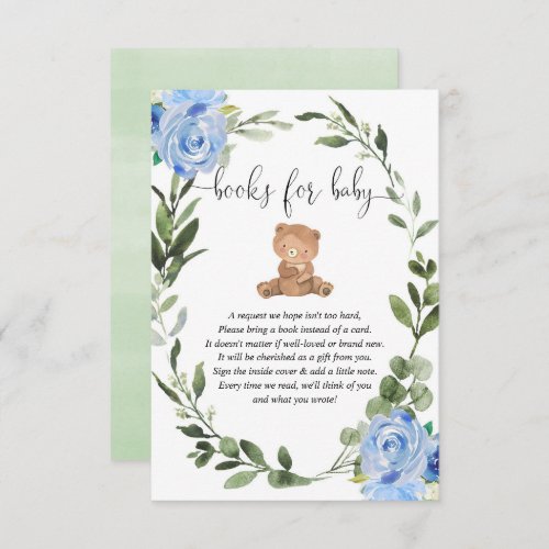 Teddy bear greenery blue floral books for baby boy enclosure card