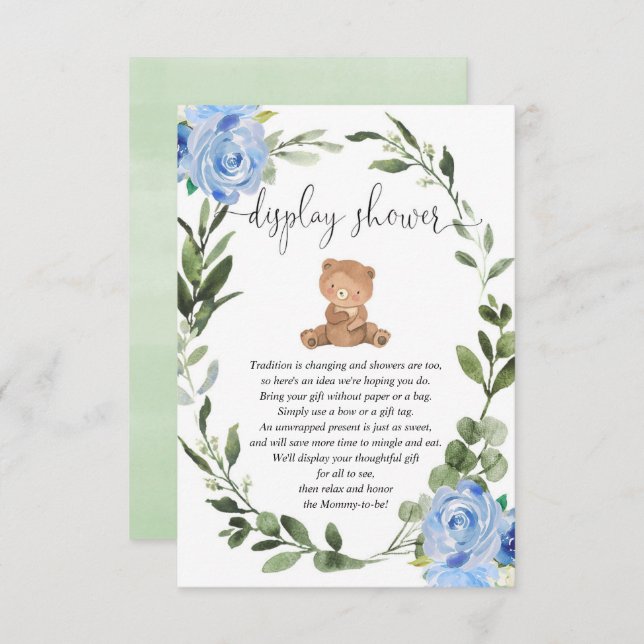 Teddy bear greenery blue floral display shower enclosure card (Front/Back)