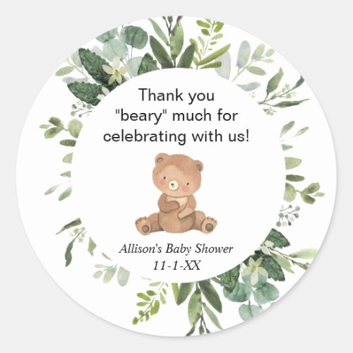 Teddy bear greenery cute baby shower thank you classic round sticker