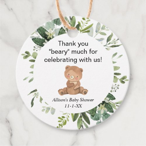 Teddy bear greenery cute baby shower thank you favor tags