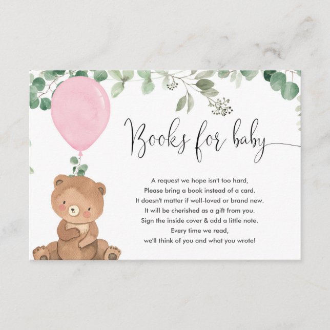Teddy bear greenery pink balloon books baby girl e enclosure card (Front)