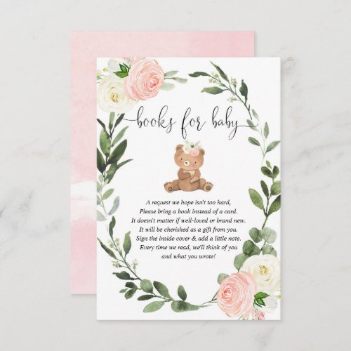 Teddy bear greenery pink floral books baby girl en enclosure card