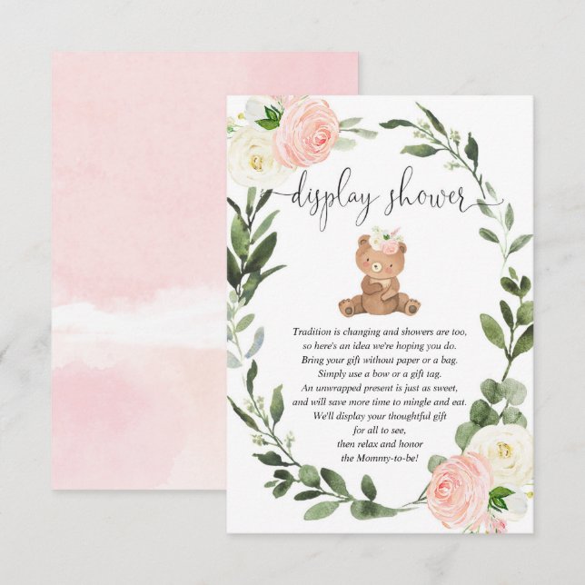 Teddy bear greenery pink floral display shower enclosure card (Front/Back)