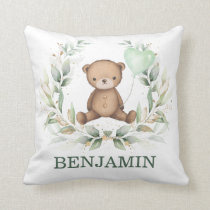 Teddy Bear Greenery Wreath Balloon Boy Nursery  Throw Pillow