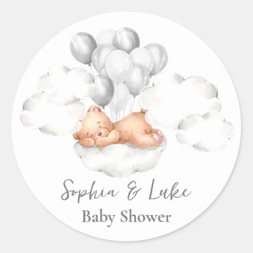Teddy Bear Grey Balloons Boy Baby Shower Classic Round Sticker