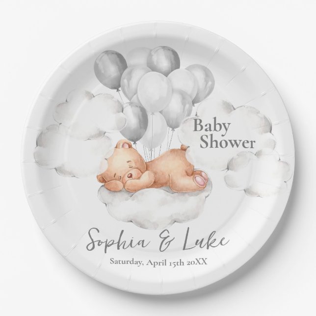 Teddy Bear Grey Balloons Boy Baby Shower Paper Plates (Front)