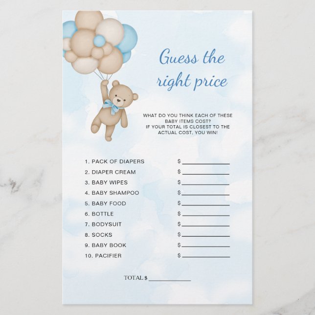 Teddy Bear Guess The Price Baby Shower Game (Front)
