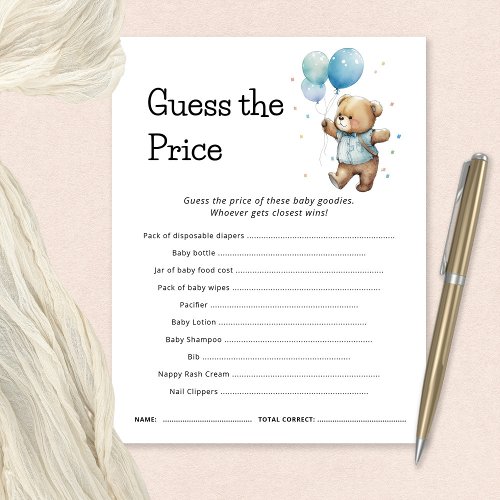 Teddy Bear Guess The Price Baby Shower Game Card