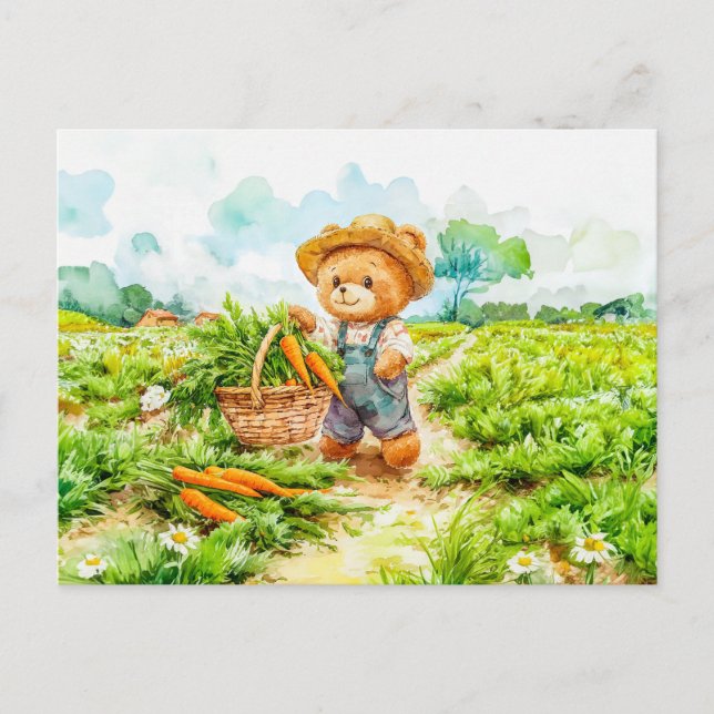 Teddy Bear Harvesting Carrots in a Field Postcard (Front)
