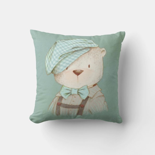 Teddy Bear Hat Overalls Cute Whimsy Nursery Baby Throw Pillow (Front)