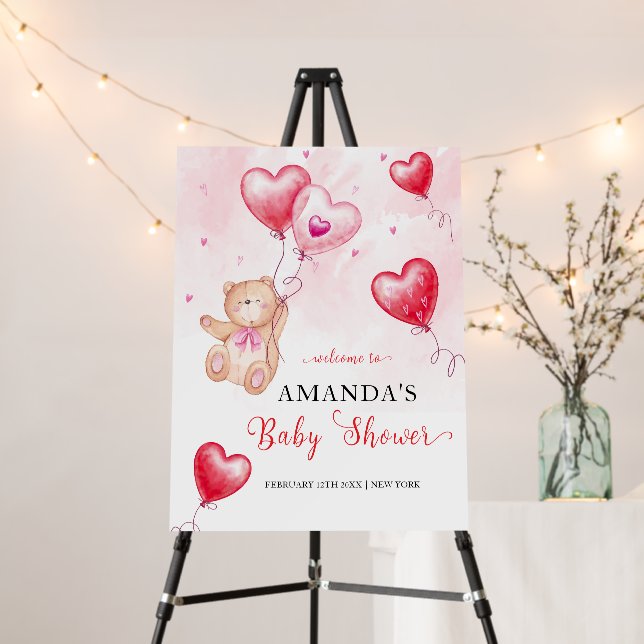 Teddy Bear Heart Balloon Baby Shower Welcome Sign (In Situ (Stand))
