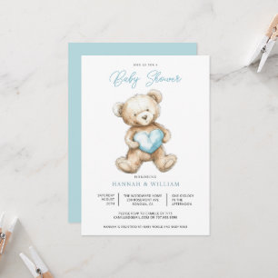 Teddy Bear Heart Boy Blue Baby Shower Invitation