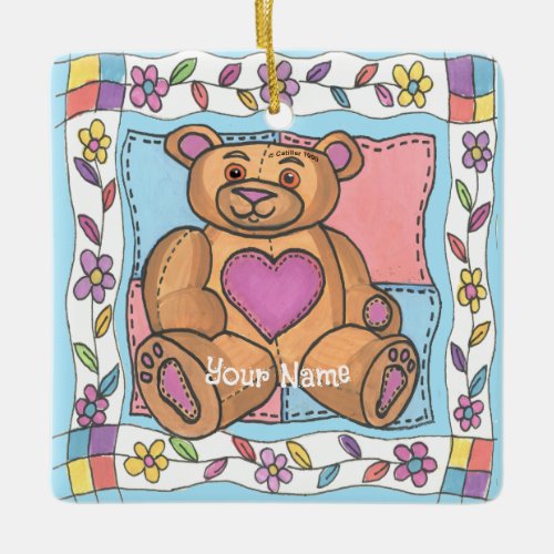 Teddy Bear Heart custom name Ceramic Ornament