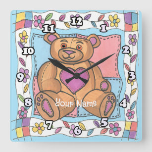 Teddy Bear Heart custom name Square Wall Clock