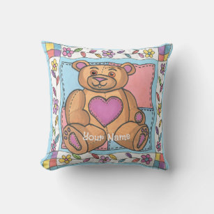 Teddy Bear Heart custom name Throw Pillow