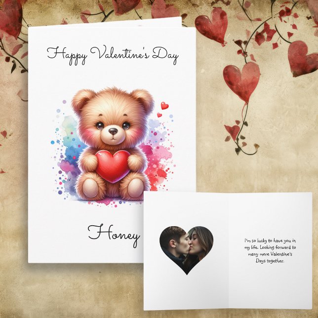 Teddy Bear & Heart Personalized Photo Valentine's  Card (Creator Uploaded)