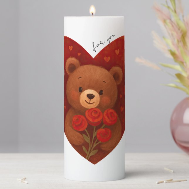 Teddy Bear Heart Pillar Candle – Personalized  (In Situ)