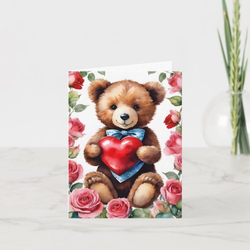 Teddy Bear Heart Roses Card