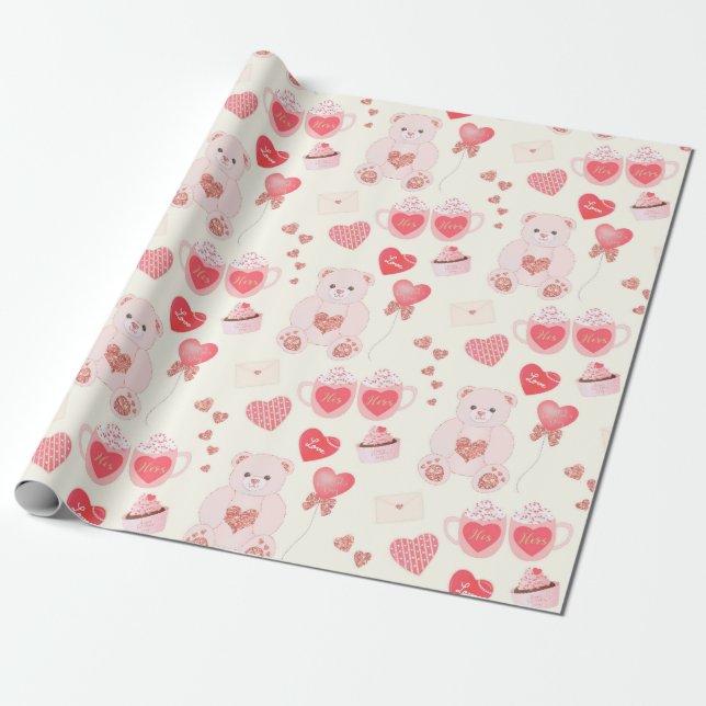 Teddy Bear Hearts Wrapping Paper (Unrolled)