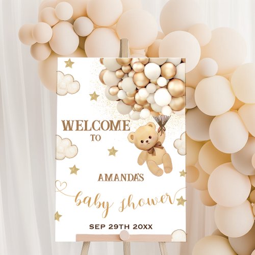 Teddy Bear Holding Balloons Gold Beige Welcome  Poster