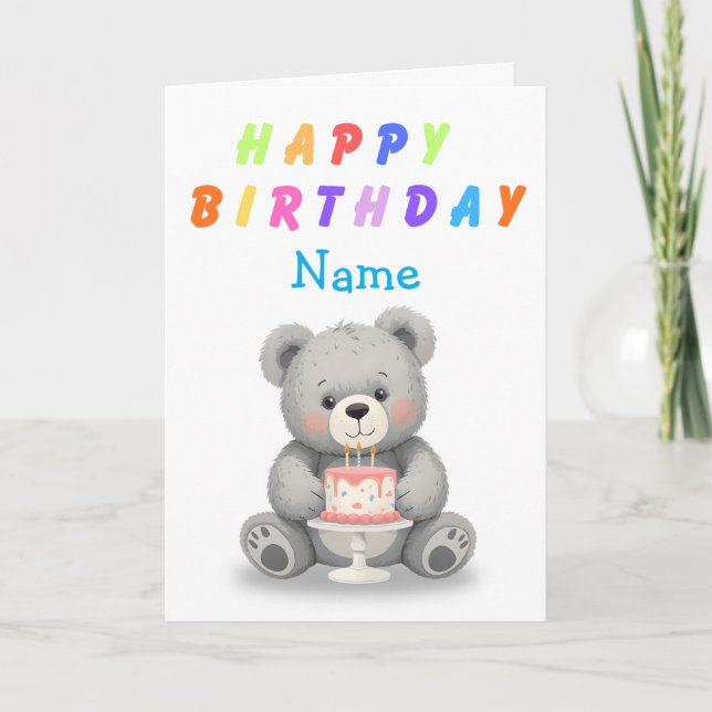 Teddy Bear Holding Birthday Cake Birthday Card (Front)