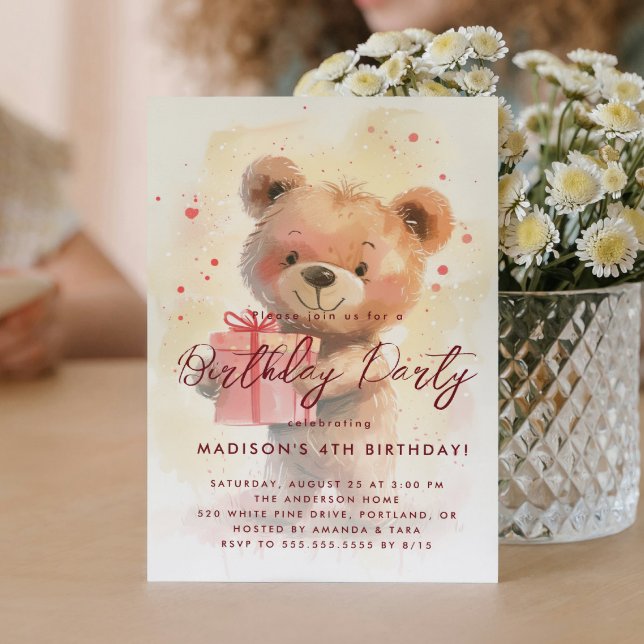 Teddy Bear Holding Gift Kids Birthday Party Invitation (Creator Uploaded)