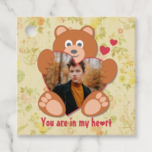 Teddy Bear Holding Heart Photo Valentines Day Favor Tags