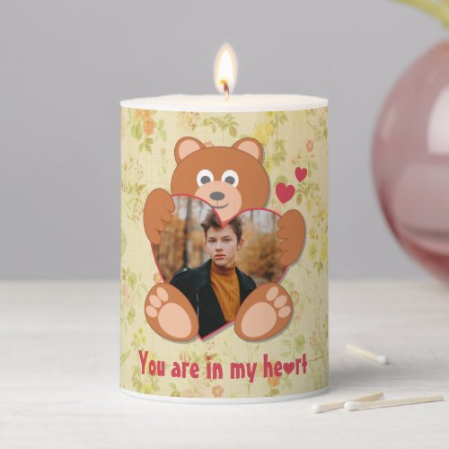 Teddy Bear Holding Heart Photo Valentines Day Pillar Candle