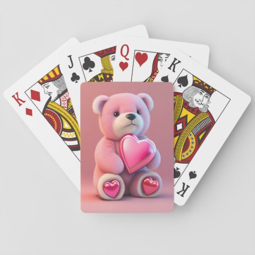 Teddy bear holding heart playing cards